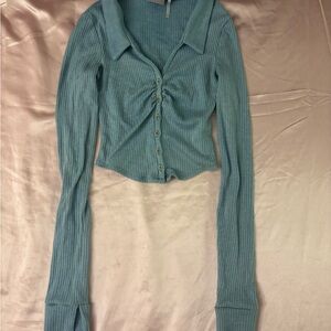 Urban Outfitters Teal Ribbed Long-Sleeve Button Cardigan
